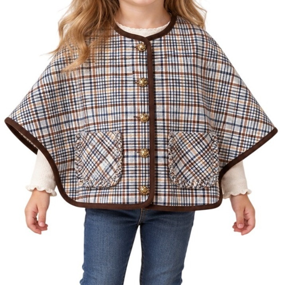 Janie and Jack Brown Blue Plaid Capelet Toddler 3-4T